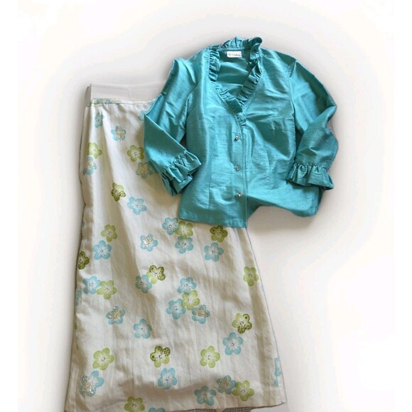 Vintage 3 Sisters Silk Linen 2 piece LONG Skirt & Jacket Set Turquoise FLORAL 14 - Picture 1 of 16